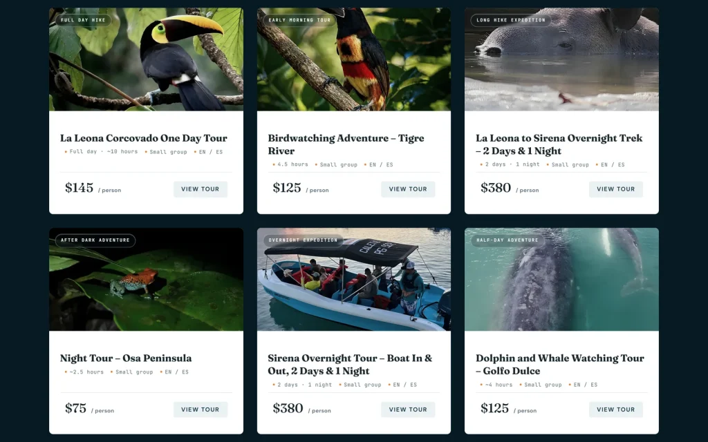 Los tours, cada uno con su ficha y su precio. Sitio de turismo.