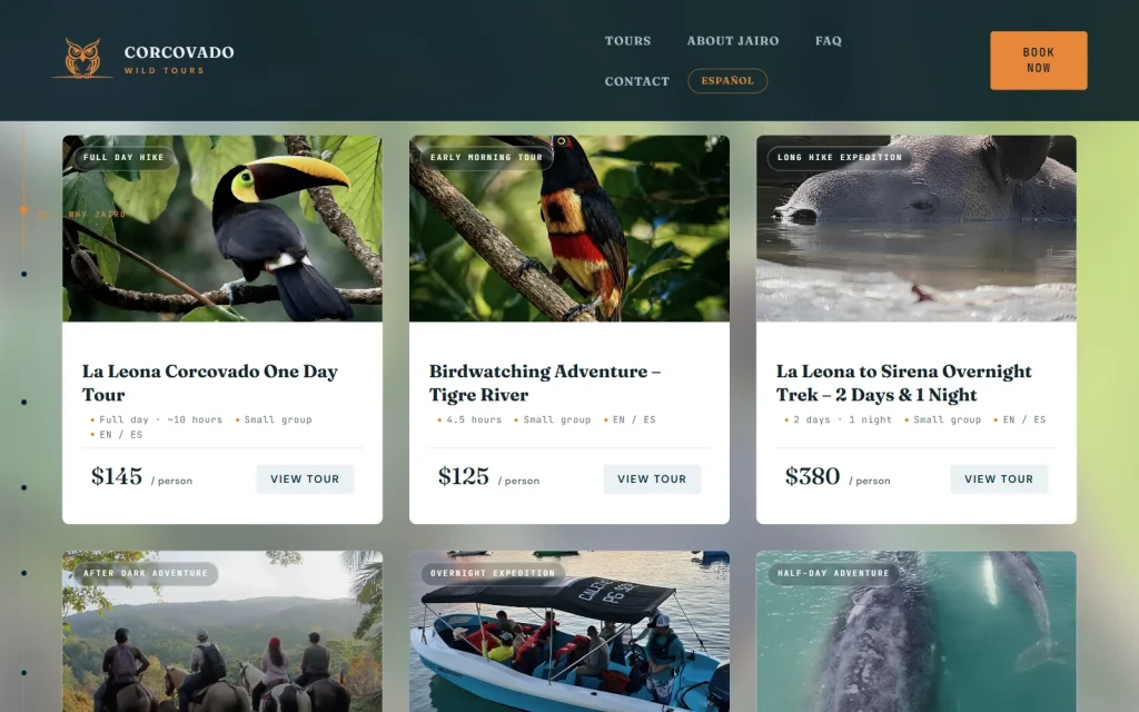 Los tours, cada uno con su ficha y su precio. Sitio de turismo.